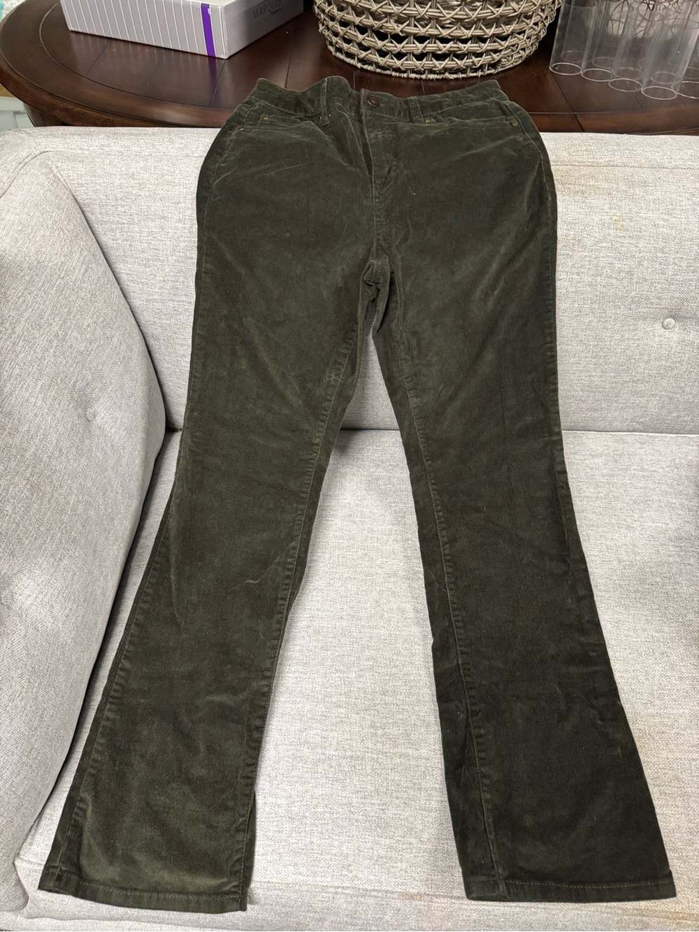 Corduroy Bootcut Pants in Olive Green